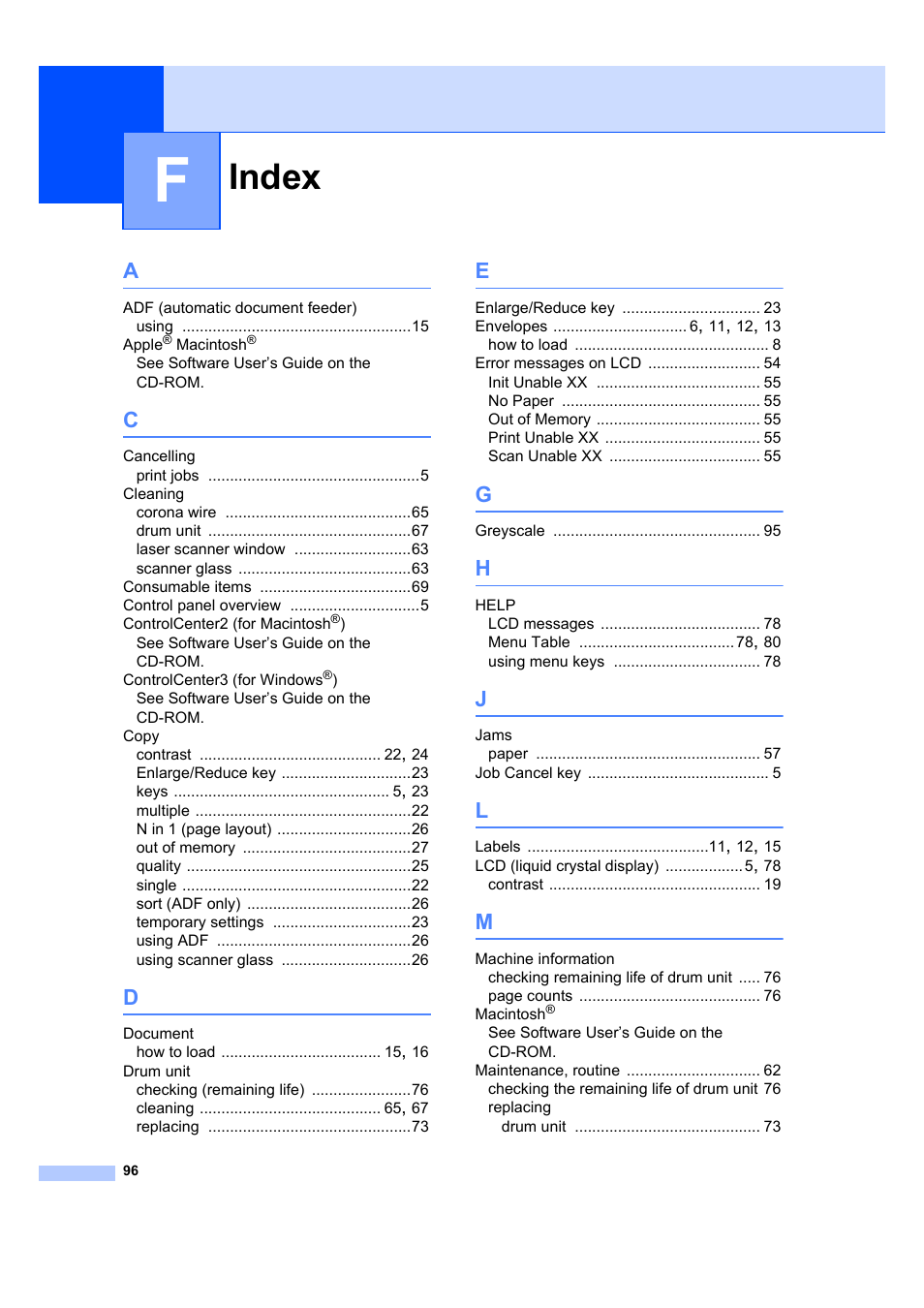 Index | Brother DCP-7045N User Manual | Page 104 / 107