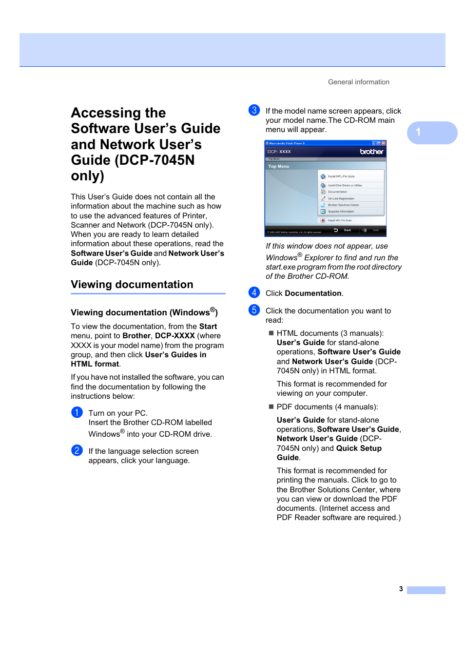 Viewing documentation, Viewing documentation (windows®), Dcp-7045n only) | Brother DCP-7045N User Manual | Page 11 / 107