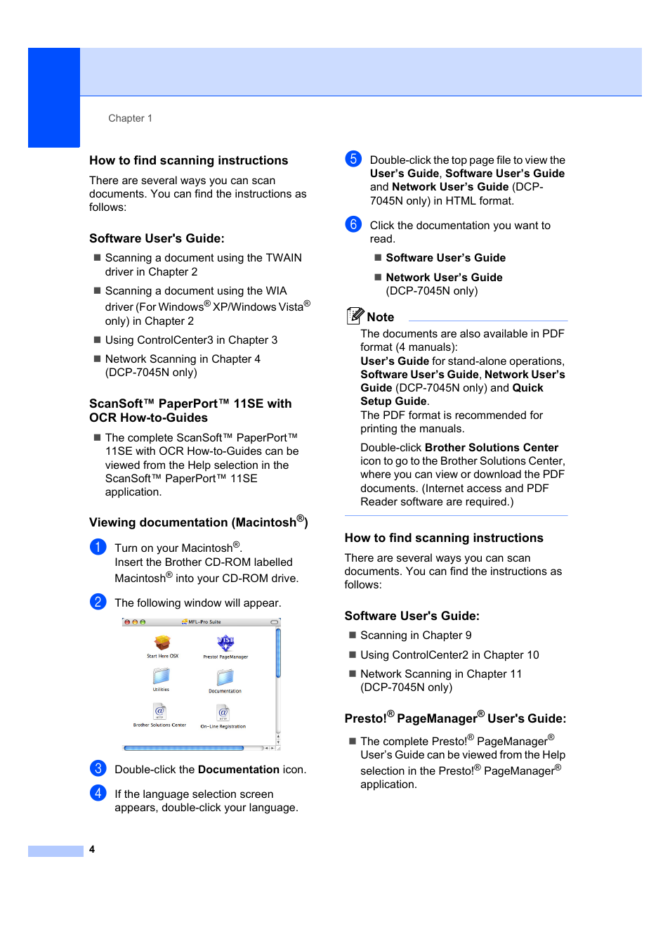 How to find scanning instructions, Software user's guide, Scansoft™ paperport™ 11se with ocr how-to-guides | Viewing documentation (macintosh®) | Brother DCP-7045N User Manual | Page 12 / 107