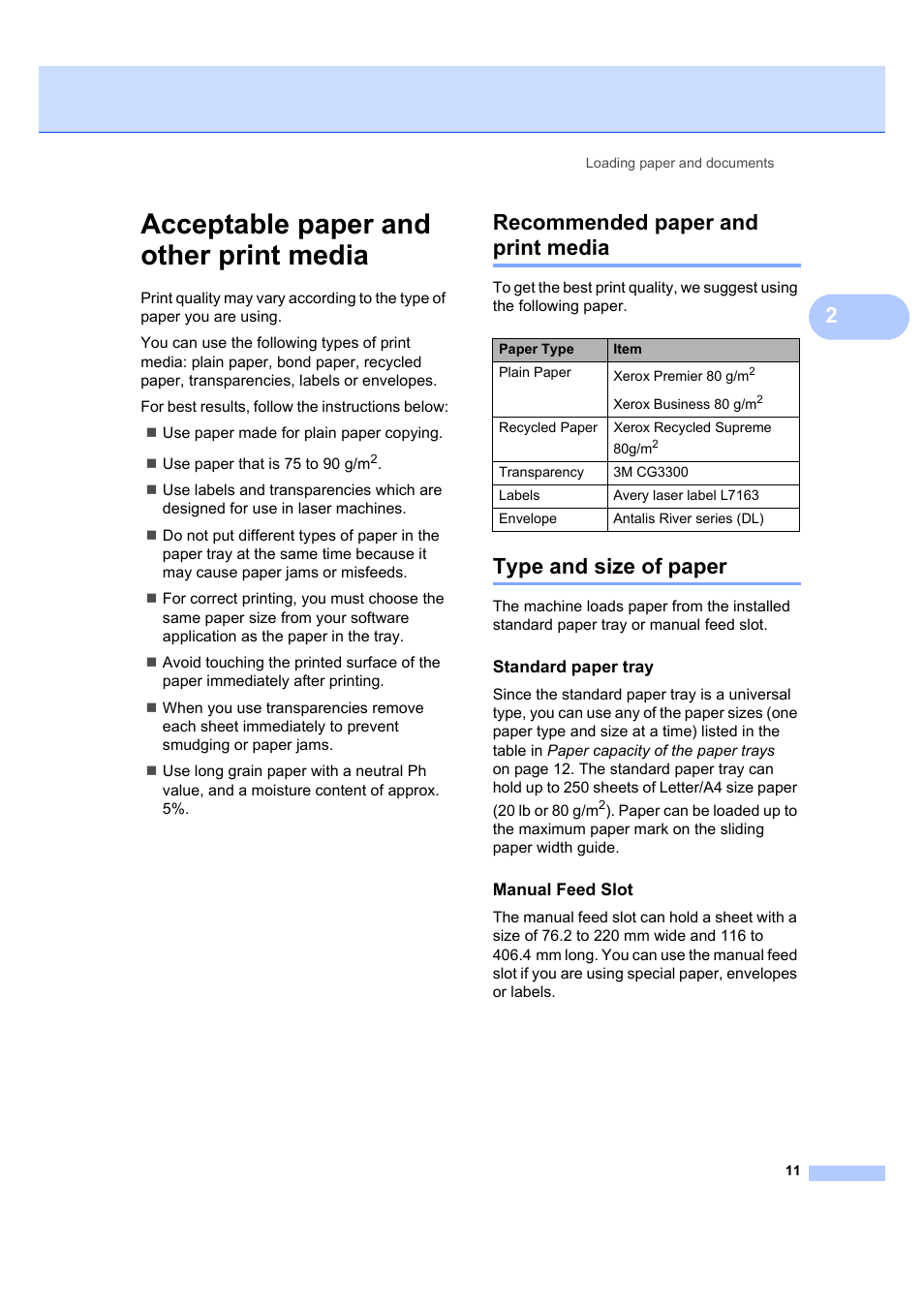 Acceptable paper and other print media, Recommended paper and print media, Type and size of paper | Standard paper tray, Manual feed slot | Brother DCP-7045N User Manual | Page 19 / 107