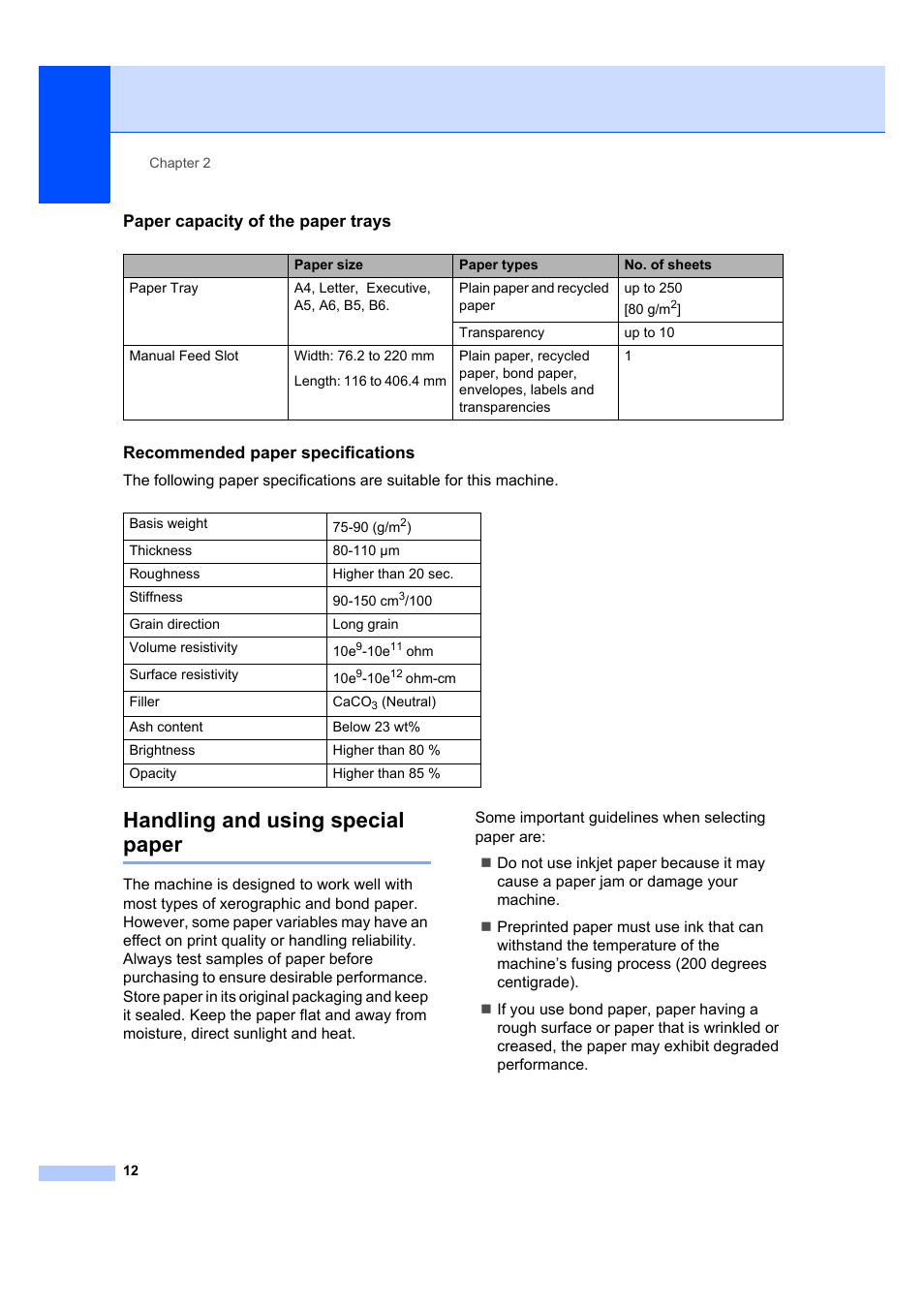 Paper capacity of the paper trays, Recommended paper specifications, Handling and using special paper | Brother DCP-7045N User Manual | Page 20 / 107