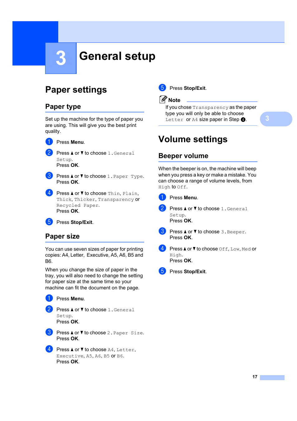 3 general setup, Paper settings, Paper type | Paper size, Volume settings, Beeper volume, General setup, Paper type paper size | Brother DCP-7045N User Manual | Page 25 / 107