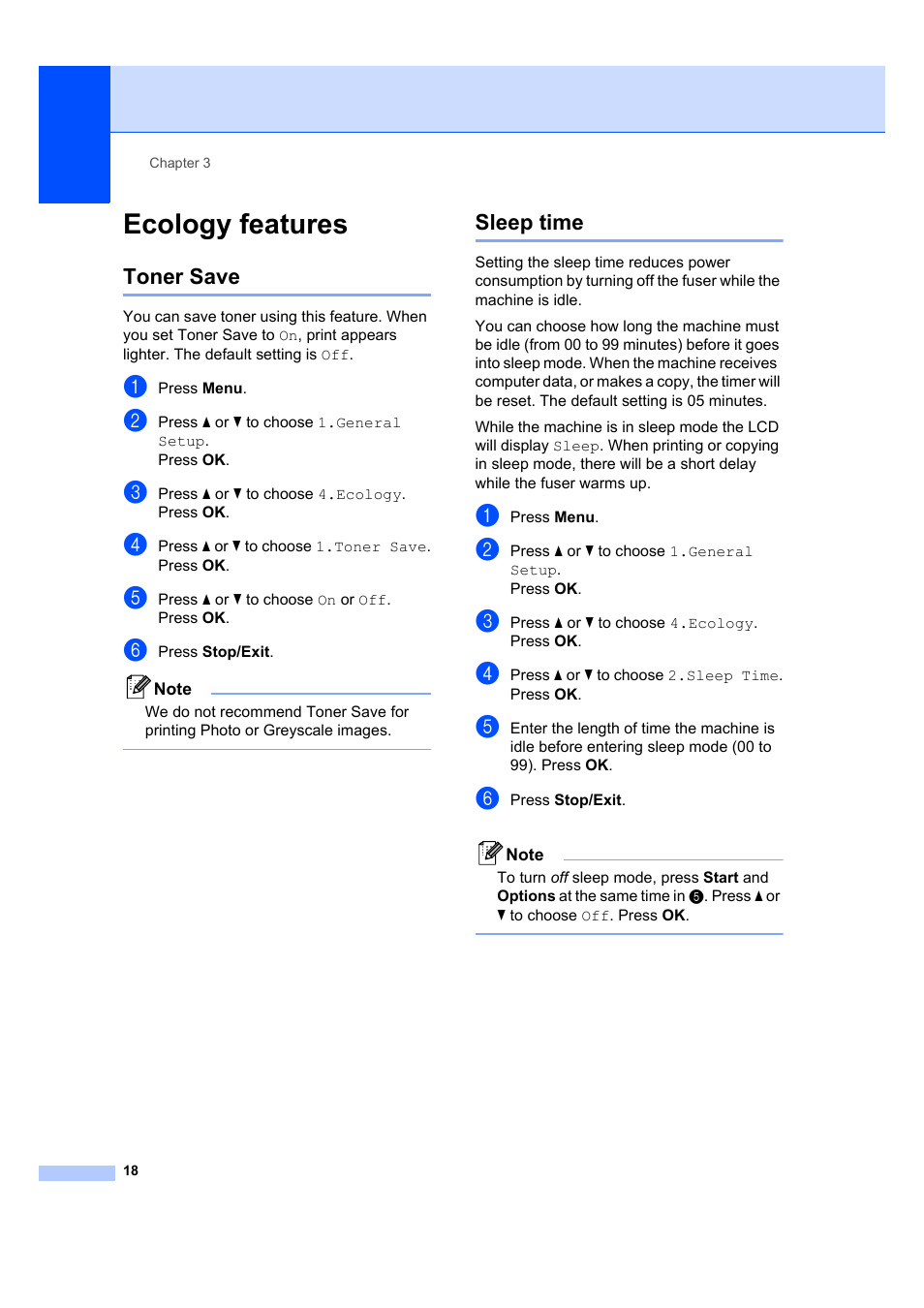 Ecology features, Toner save, Sleep time | Toner save sleep time | Brother DCP-7045N User Manual | Page 26 / 107