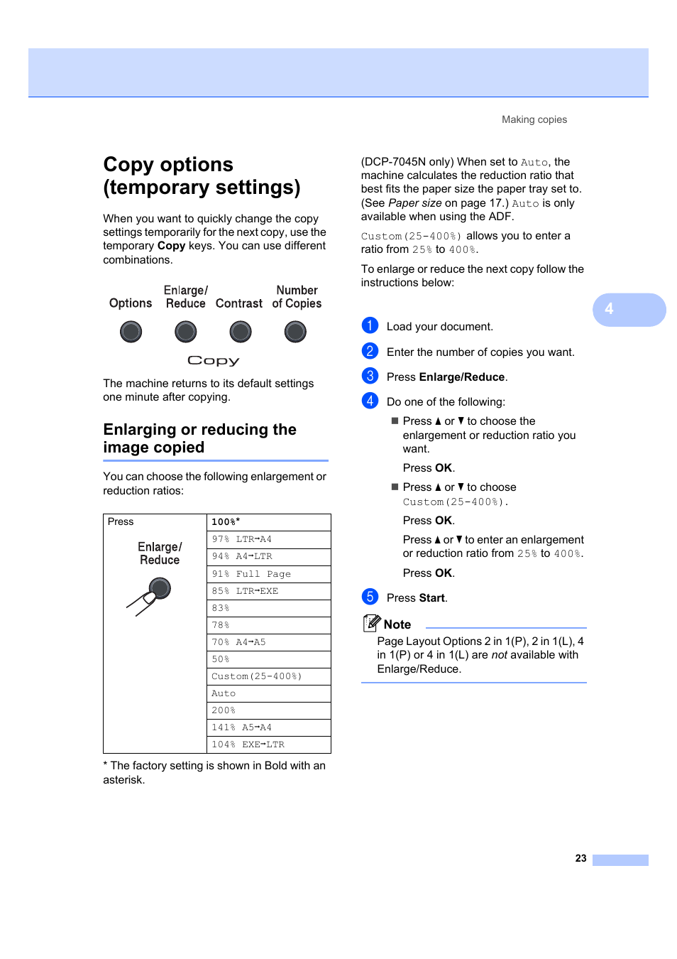 Copy options (temporary settings), Enlarging or reducing the image copied | Brother DCP-7045N User Manual | Page 31 / 107