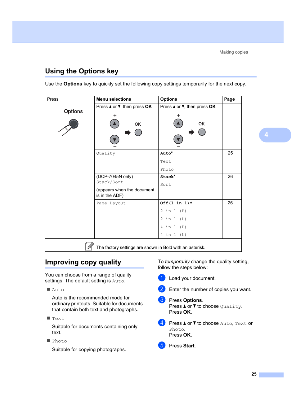 Using the options key, Improving copy quality, Using the options key improving copy quality | 4using the options key | Brother DCP-7045N User Manual | Page 33 / 107