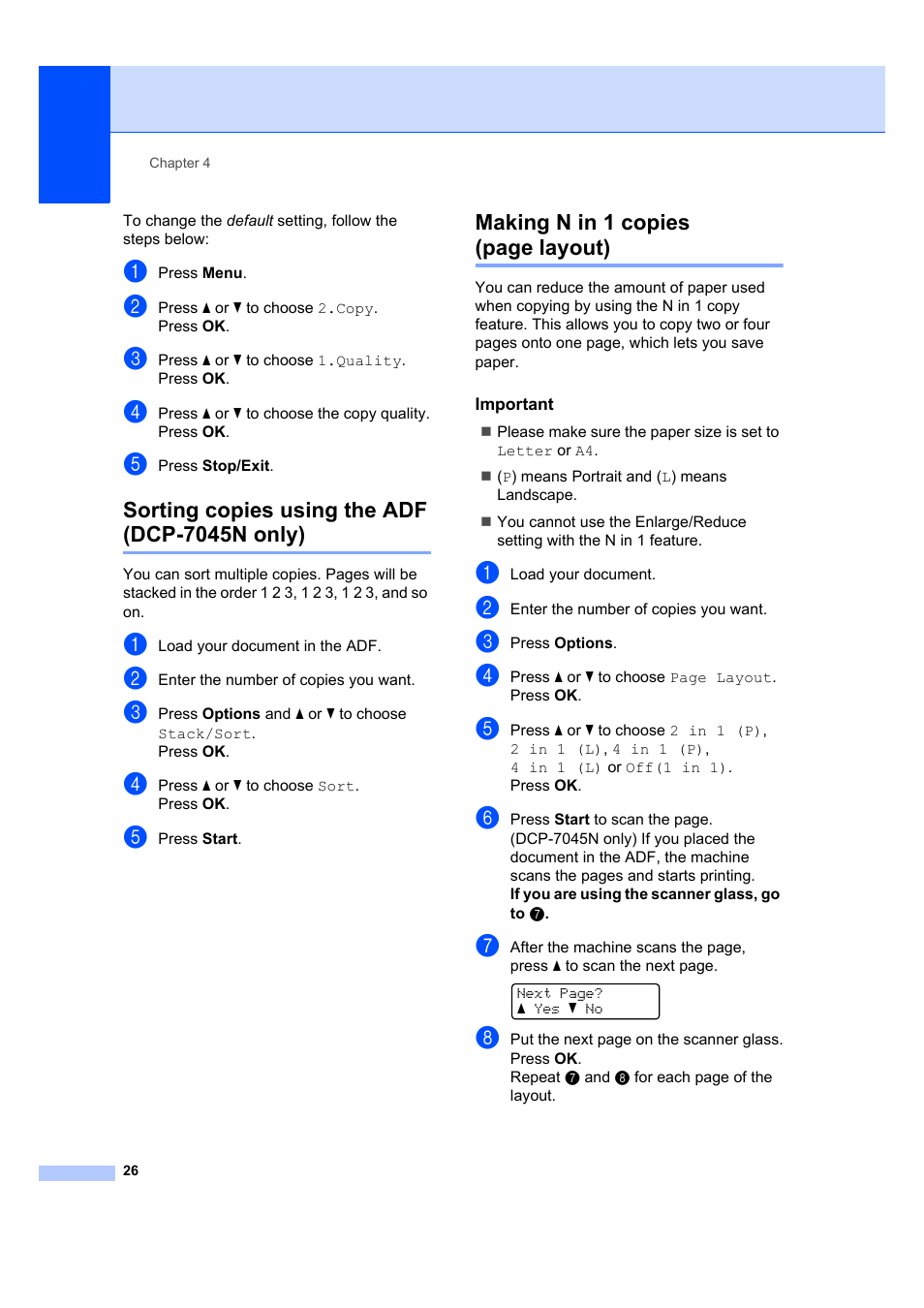 Sorting copies using the adf (dcp-7045n only), Important, Making n in 1 copies (page layout) | Brother DCP-7045N User Manual | Page 34 / 107