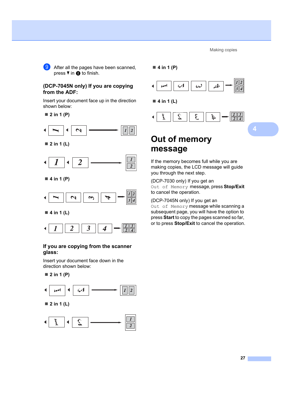 Dcp-7045n only) if you are copying from the adf, If you are copying from the scanner glass, Out of memory message | Brother DCP-7045N User Manual | Page 35 / 107