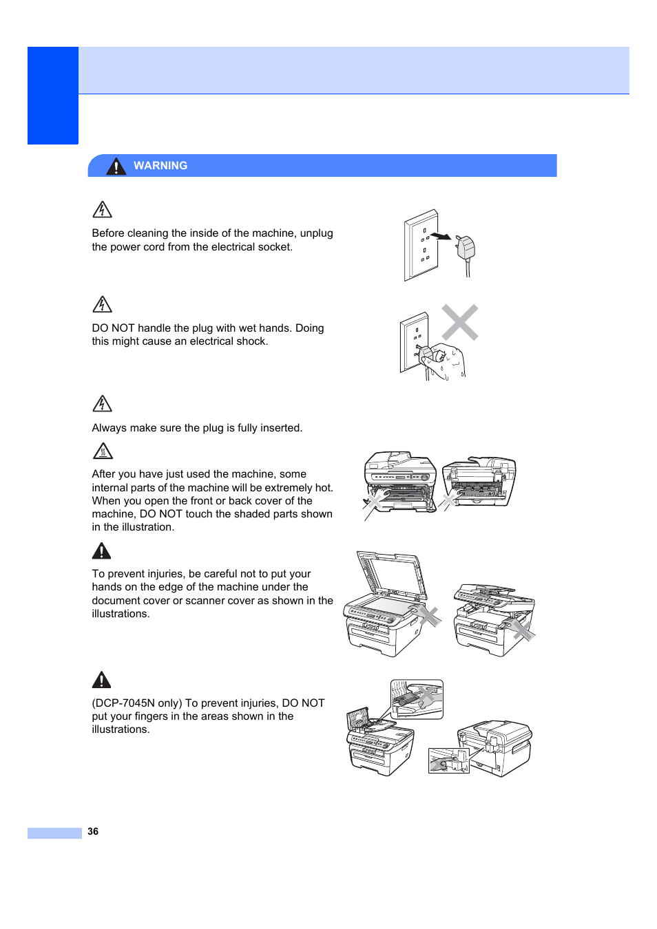 Warning | Brother DCP-7045N User Manual | Page 44 / 107