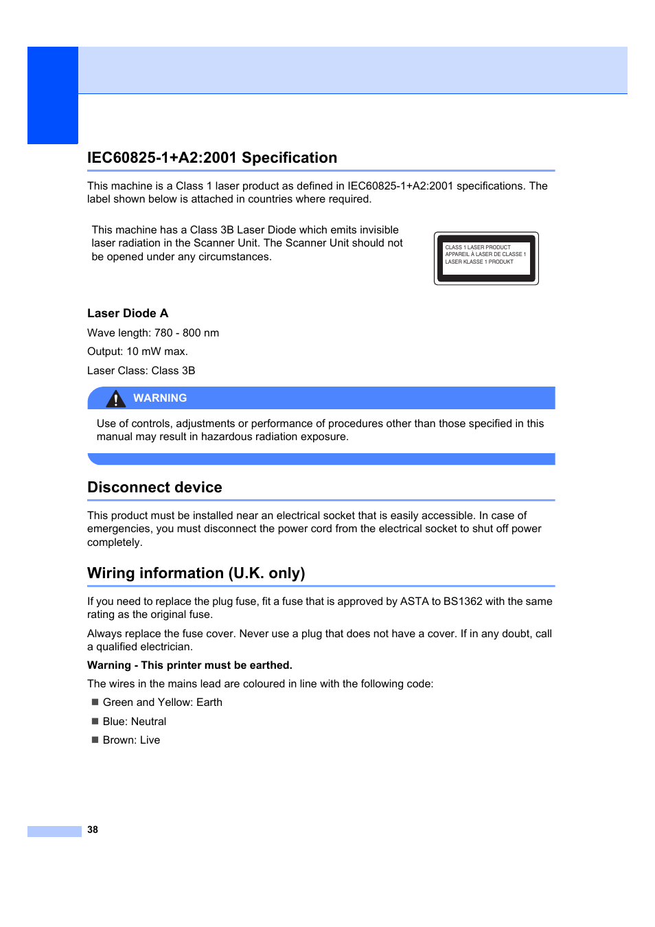 Iec60825-1+a2:2001 specification, Disconnect device, Wiring information (u.k. only) | Laser diode a | Brother DCP-7045N User Manual | Page 46 / 107