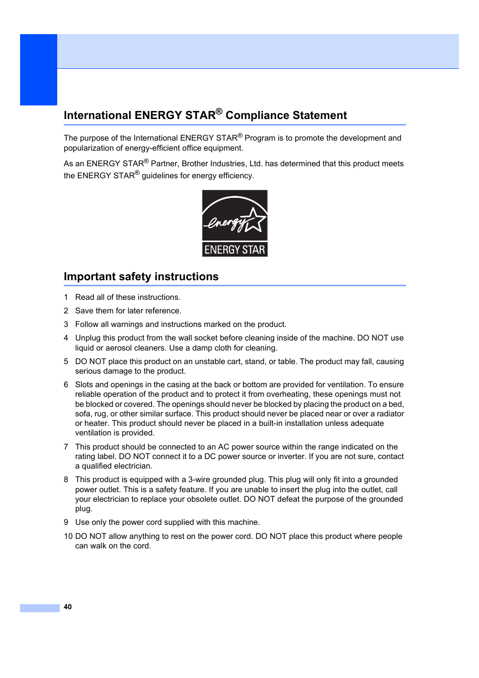 International energy star® compliance statement, Important safety instructions, International energy star | Compliance statement | Brother DCP-7045N User Manual | Page 48 / 107