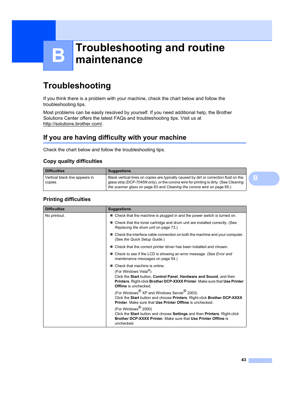 B troubleshooting and routine maintenance, Troubleshooting, If you are having difficulty with your machine | Troubleshooting and routine maintenance | Brother DCP-7045N User Manual | Page 51 / 107