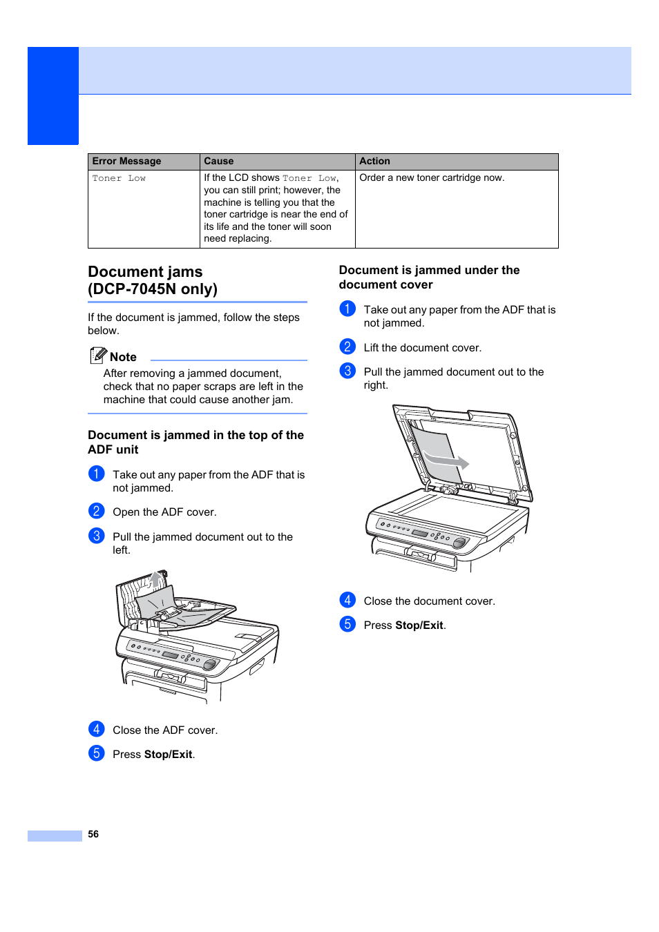 Document jams (dcp-7045n only), Document is jammed in the top of the adf unit, Document is jammed under the document cover | Brother DCP-7045N User Manual | Page 64 / 107