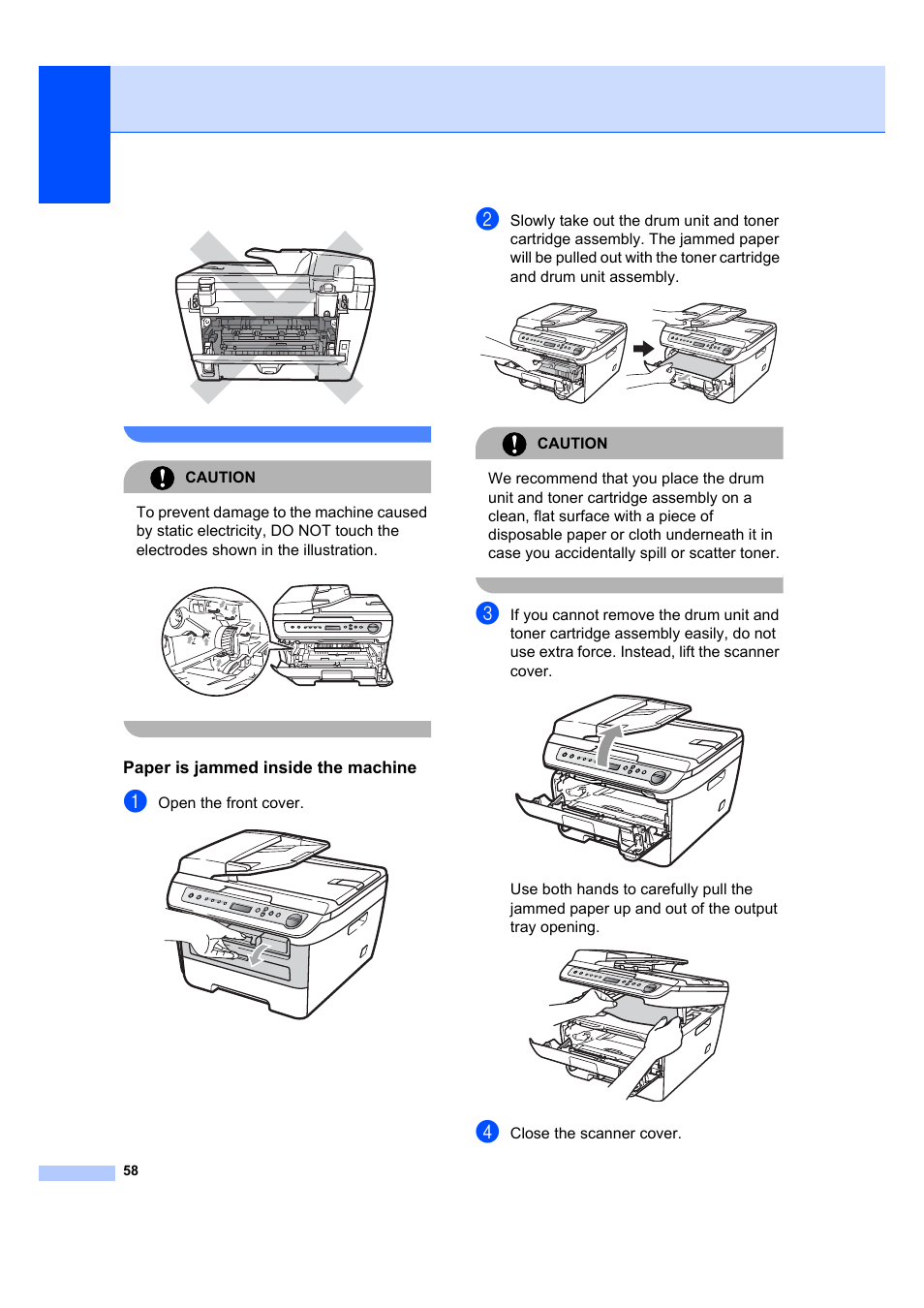 Paper is jammed inside the machine, Caution, Open the front cover | Close the scanner cover | Brother DCP-7045N User Manual | Page 66 / 107