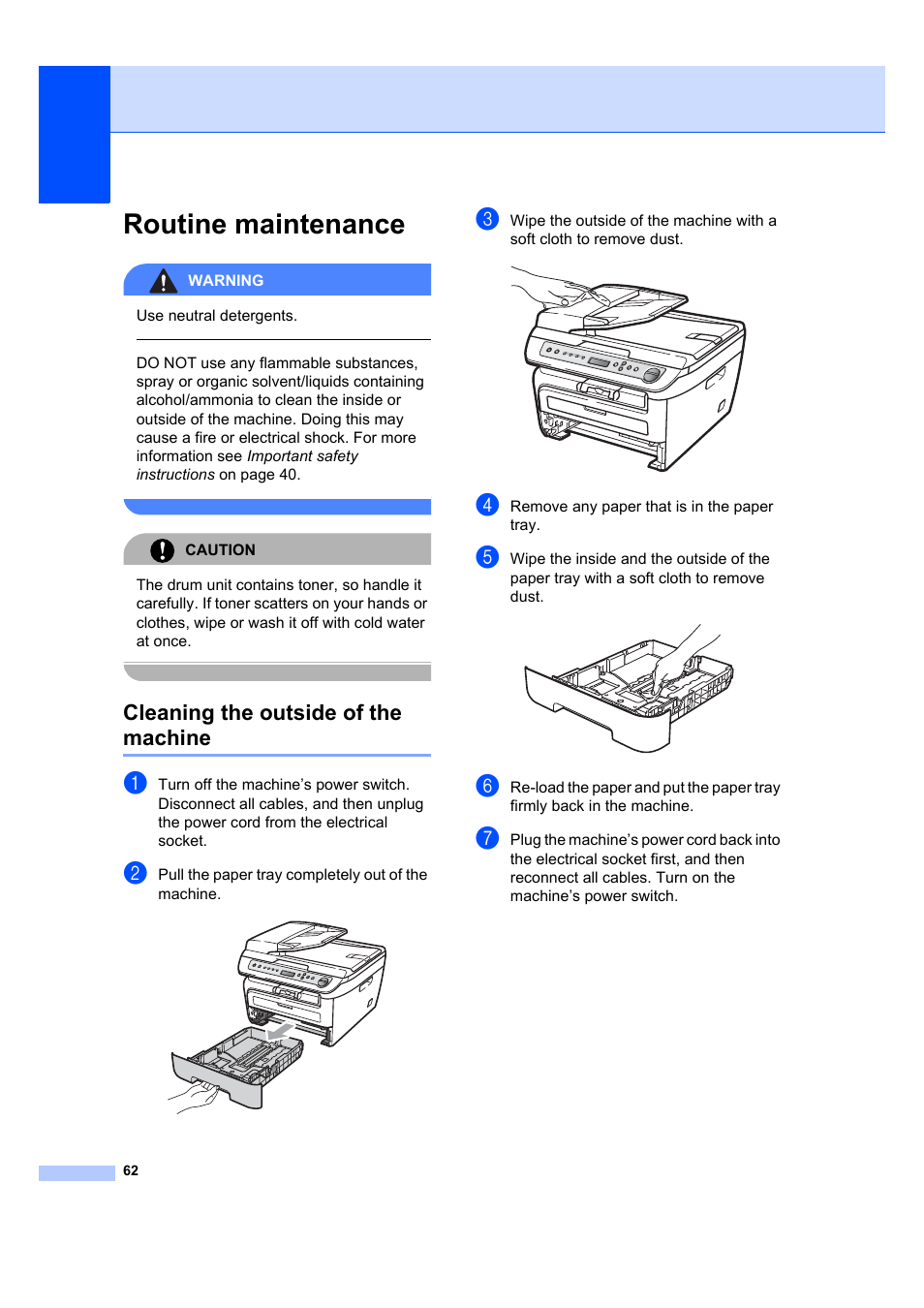 Routine maintenance, Cleaning the outside of the machine | Brother DCP-7045N User Manual | Page 70 / 107