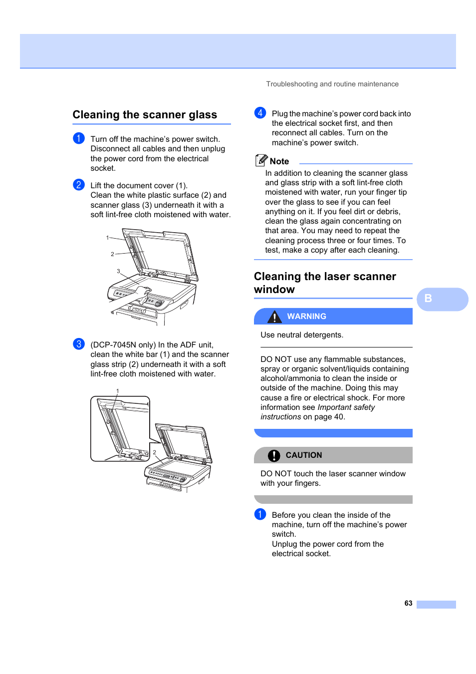 Cleaning the scanner glass, Cleaning the laser scanner window, Bcleaning the scanner glass | Brother DCP-7045N User Manual | Page 71 / 107