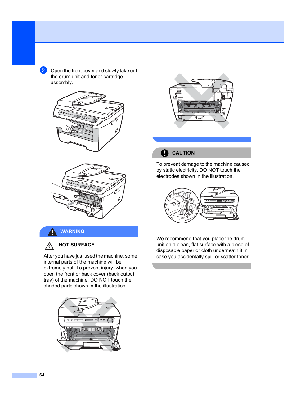 Warning hot surface, Caution | Brother DCP-7045N User Manual | Page 72 / 107