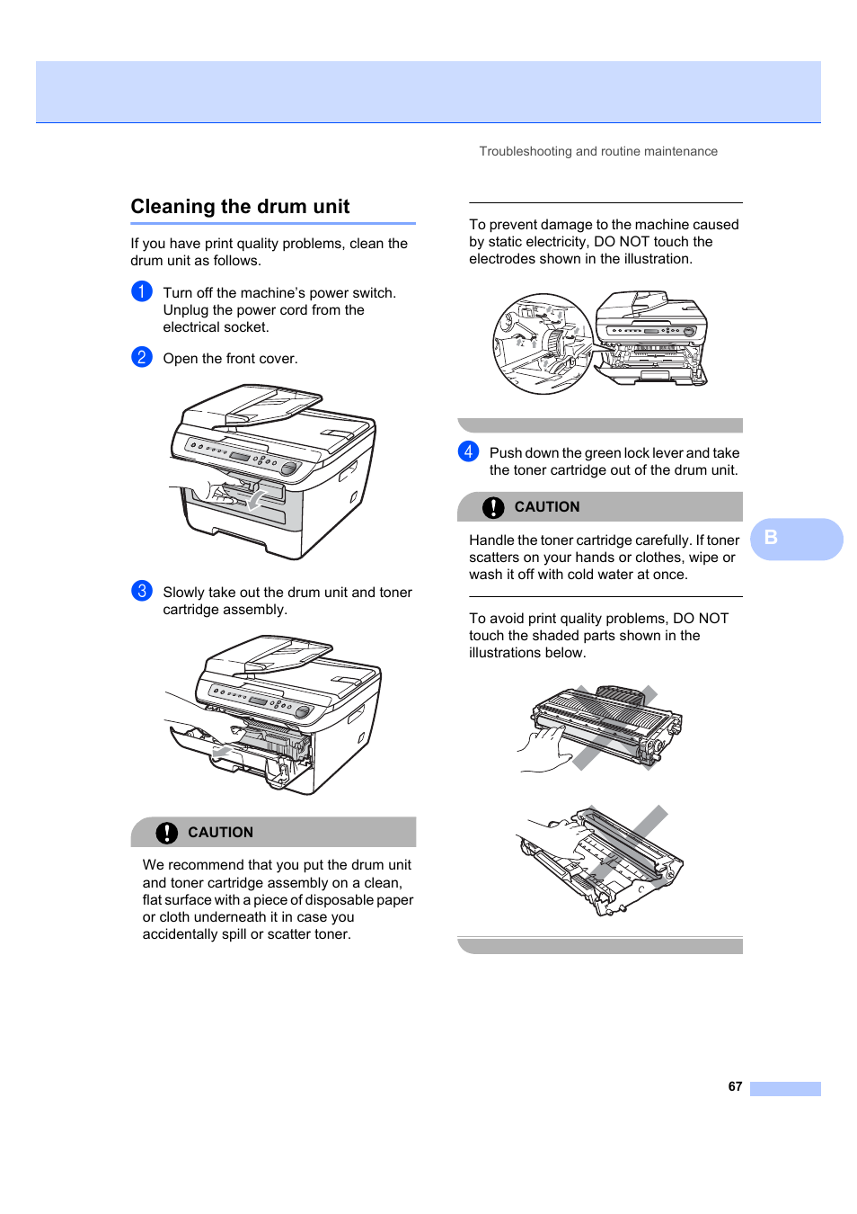 Cleaning the drum unit, Bcleaning the drum unit, Open the front cover | Caution | Brother DCP-7045N User Manual | Page 75 / 107