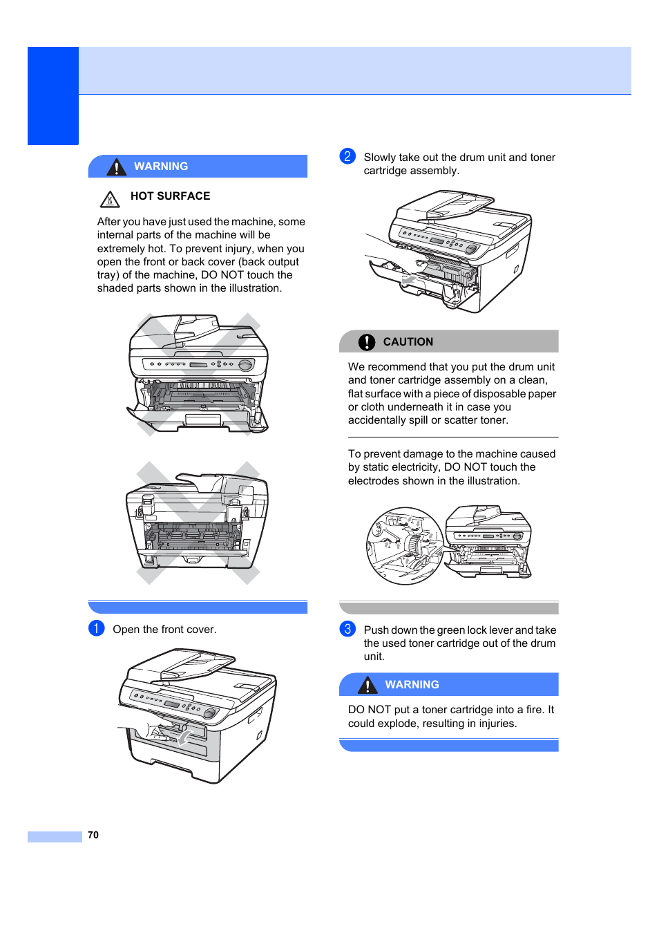 Warning hot surface, Open the front cover, Caution | Brother DCP-7045N User Manual | Page 78 / 107