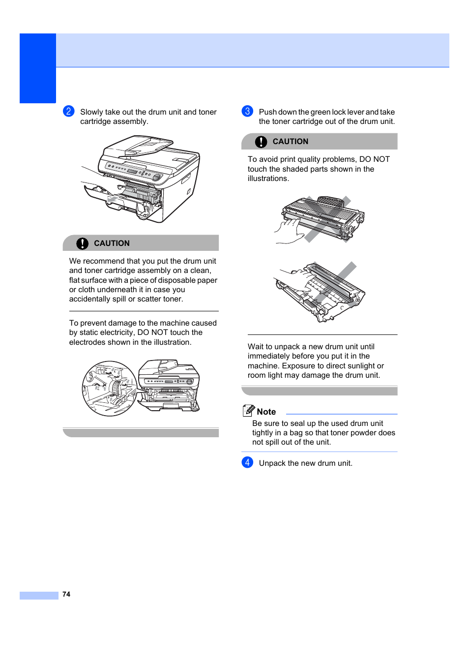 Caution, Unpack the new drum unit | Brother DCP-7045N User Manual | Page 82 / 107