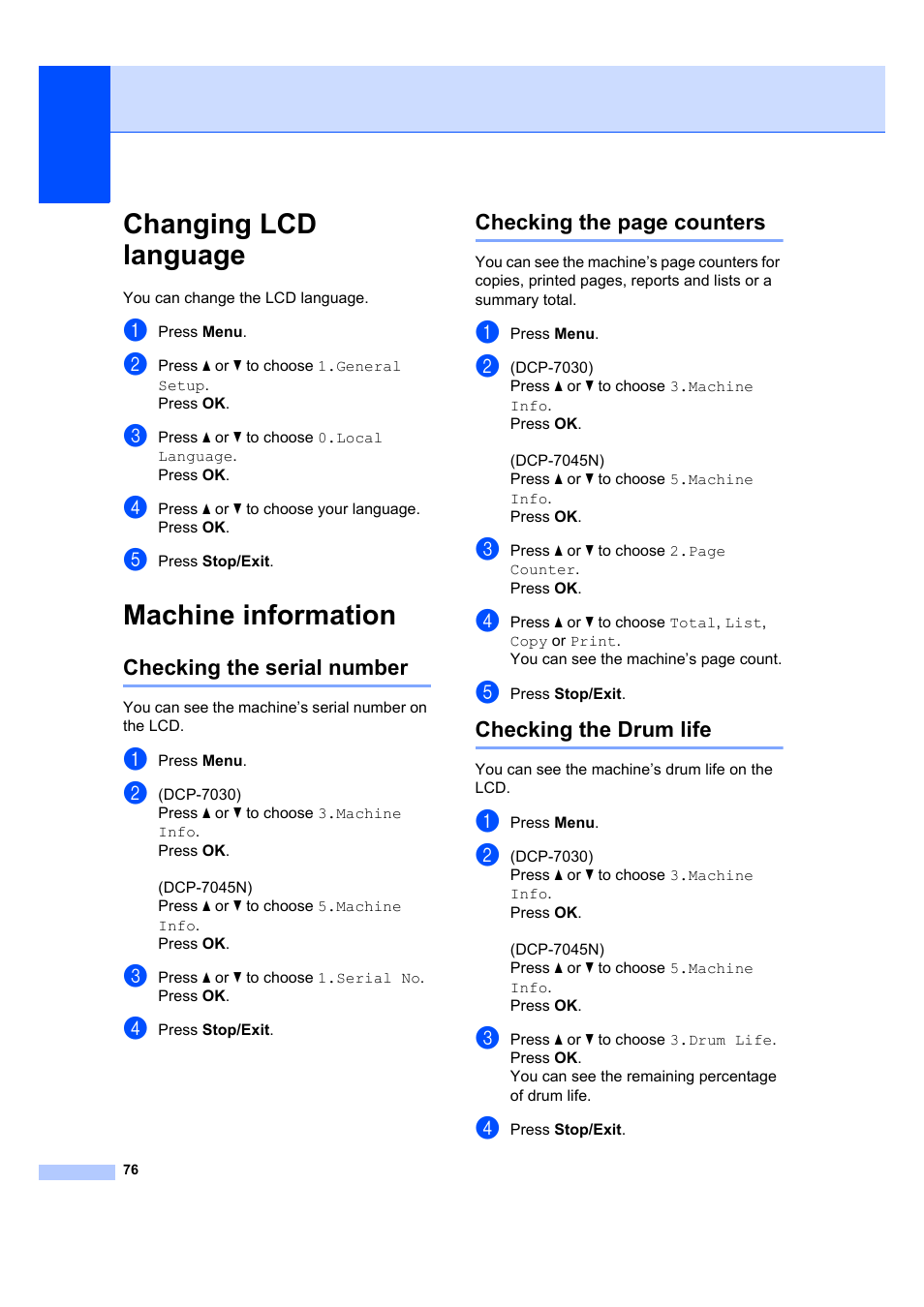 Changing lcd language, Machine information, Checking the serial number | Checking the drum life, Changing lcd language machine information, Checking the page counters | Brother DCP-7045N User Manual | Page 84 / 107