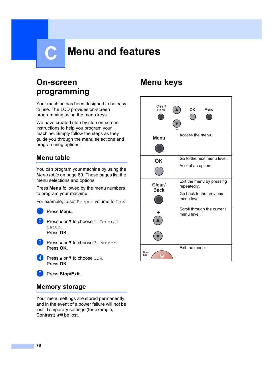 C menu and features, On-screen programming, Menu table | Memory storage, Menu keys, Menu and features, Menu table memory storage | Brother DCP-7045N User Manual | Page 86 / 107