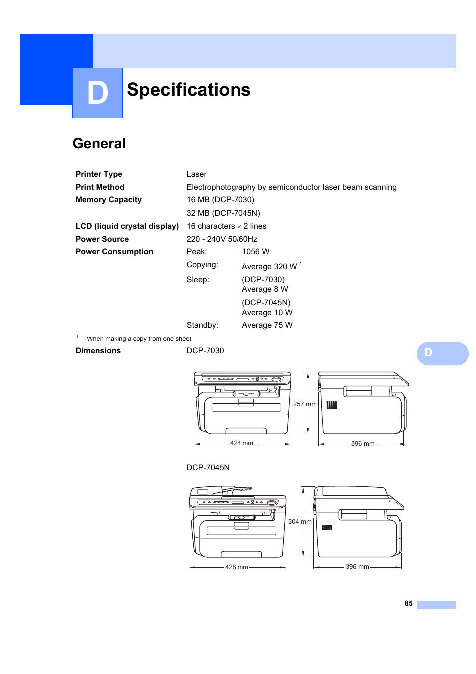 D specifications, General, Specifications | Brother DCP-7045N User Manual | Page 93 / 107