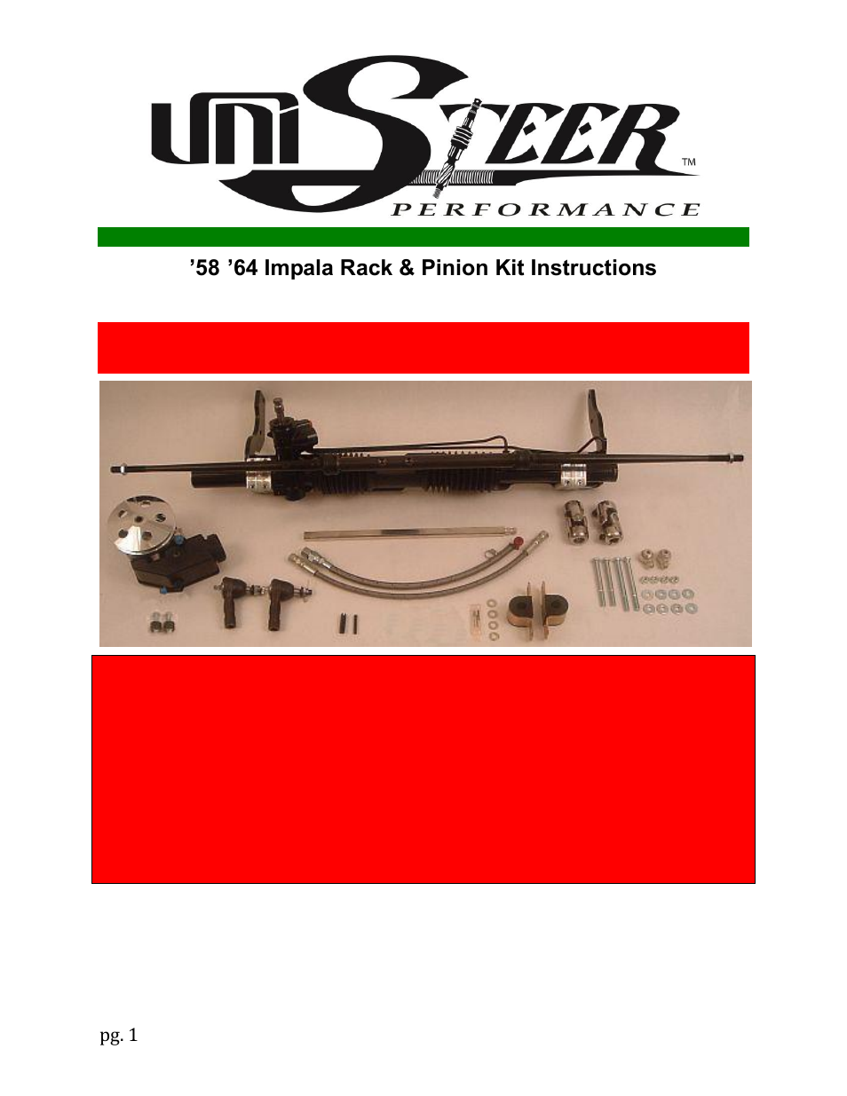 Unisteer 8011060-01 Chevy Impala Rack & Pinion Kit 1958-64 User Manual | 8 pages