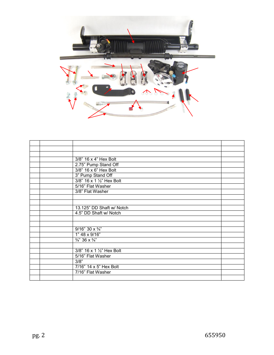 Kit contents | Unisteer 8011110-01 Firebirf/Trans Am Power Rack & Pinion 1970-81 User Manual | Page 2 / 8