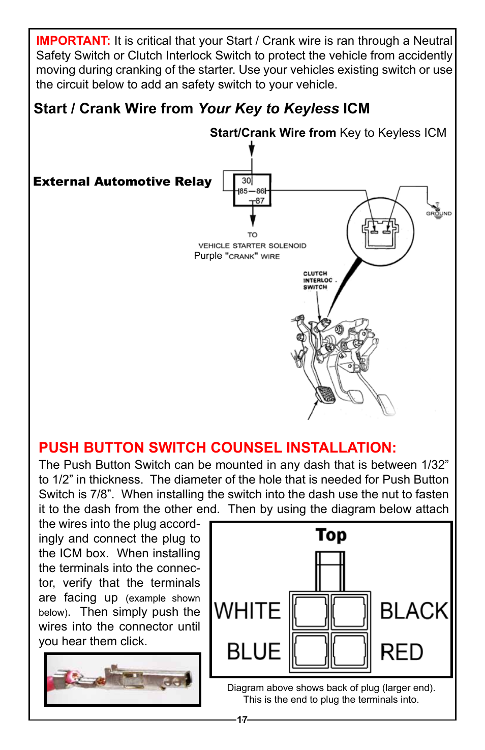 Start / crank wire from your key to keyless icm, Push button switch counsel installation | Unisteer Ididit Keyless Ignition User Manual | Page 18 / 24