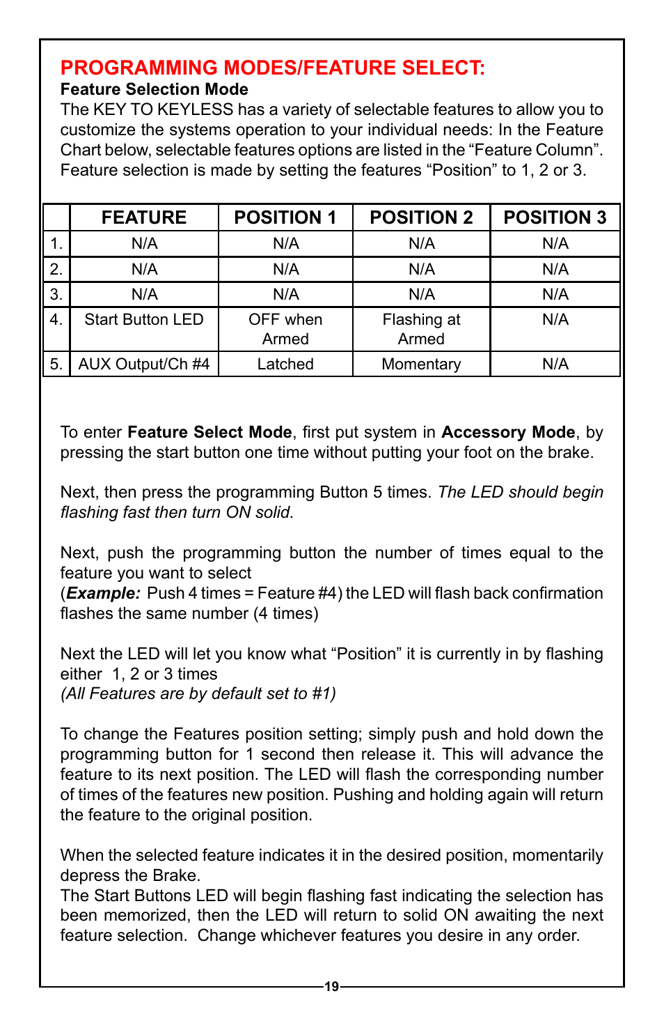 Programming modes/feature select | Unisteer Ididit Keyless Ignition User Manual | Page 20 / 24
