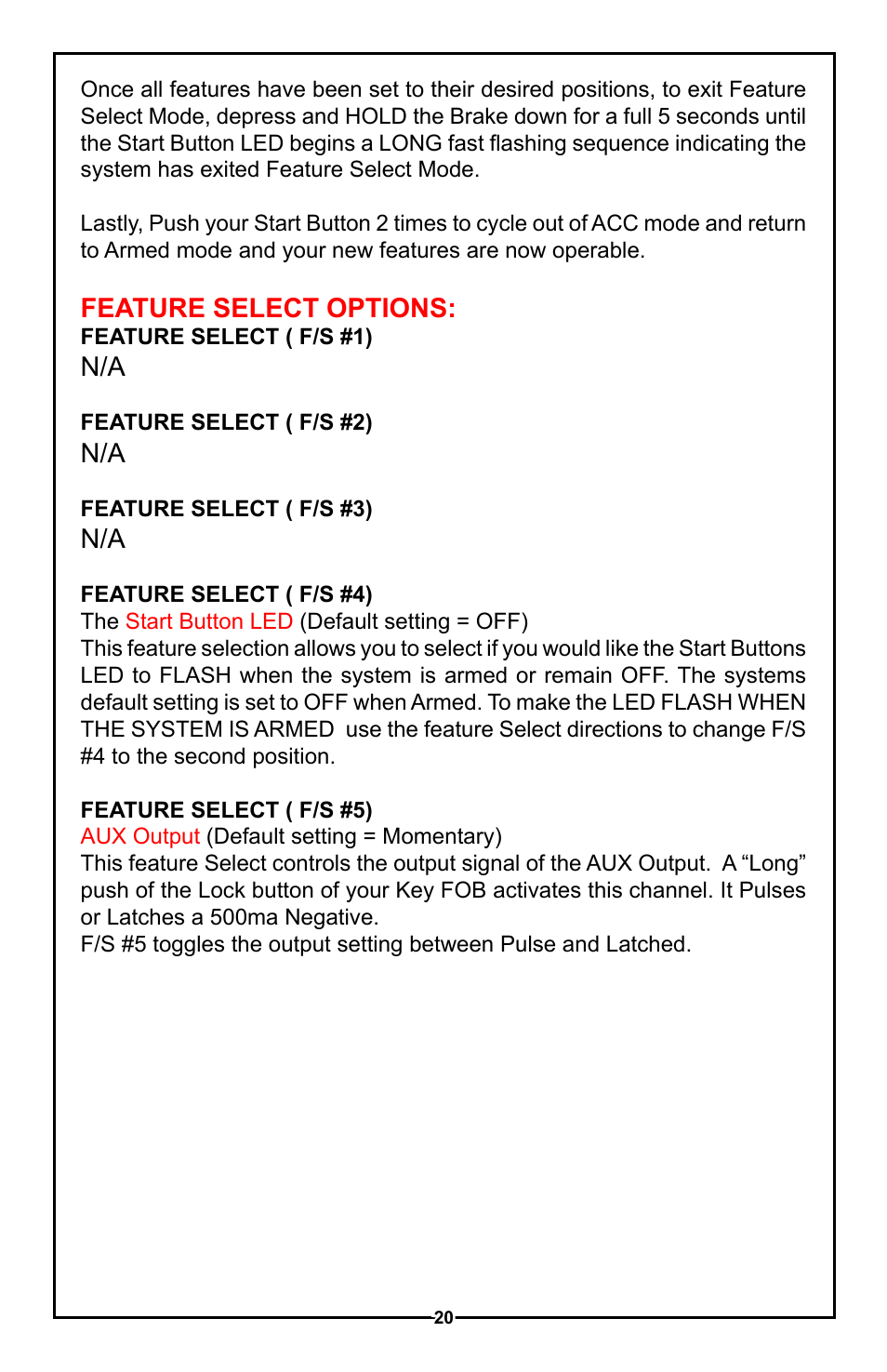 Feature select options | Unisteer Ididit Keyless Ignition User Manual | Page 21 / 24