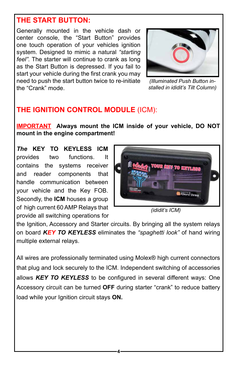 The start button, The ignition control module (icm) | Unisteer Ididit Keyless Ignition User Manual | Page 5 / 24