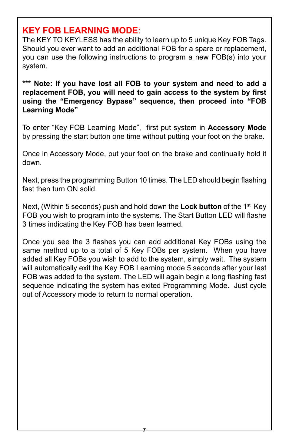 Key fob learning mode | Unisteer Ididit Keyless Ignition User Manual | Page 8 / 24