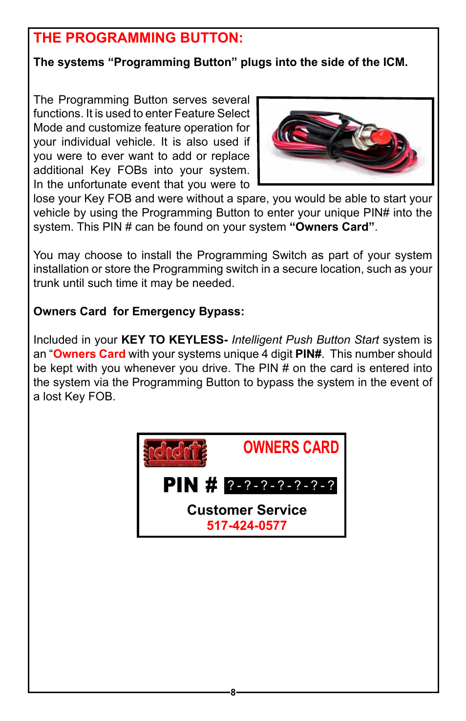 Owners card | Unisteer Ididit Keyless Ignition User Manual | Page 9 / 24
