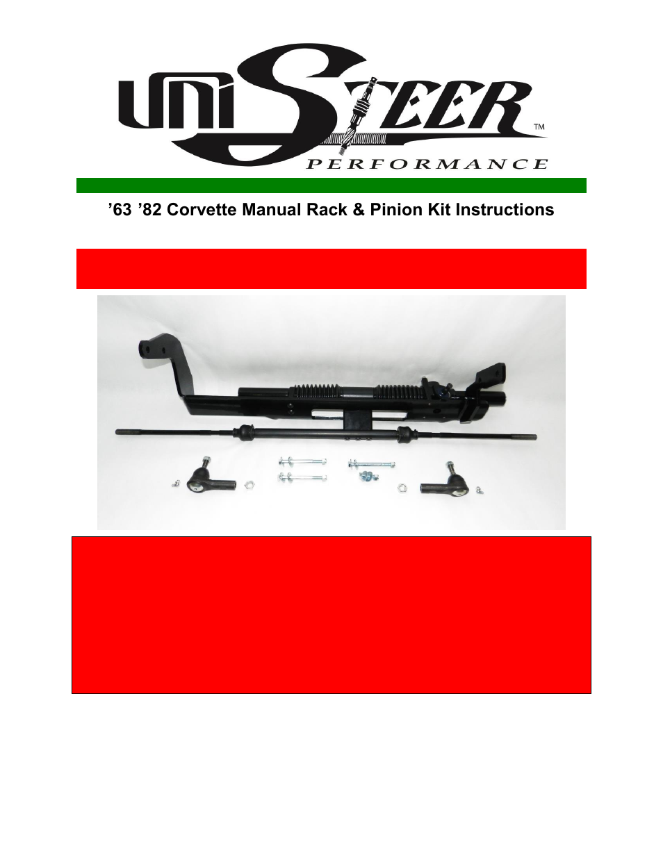 Unisteer 8001520 Corvette Manual Rack & Pinion Kit 1963-82 User Manual | 5 pages