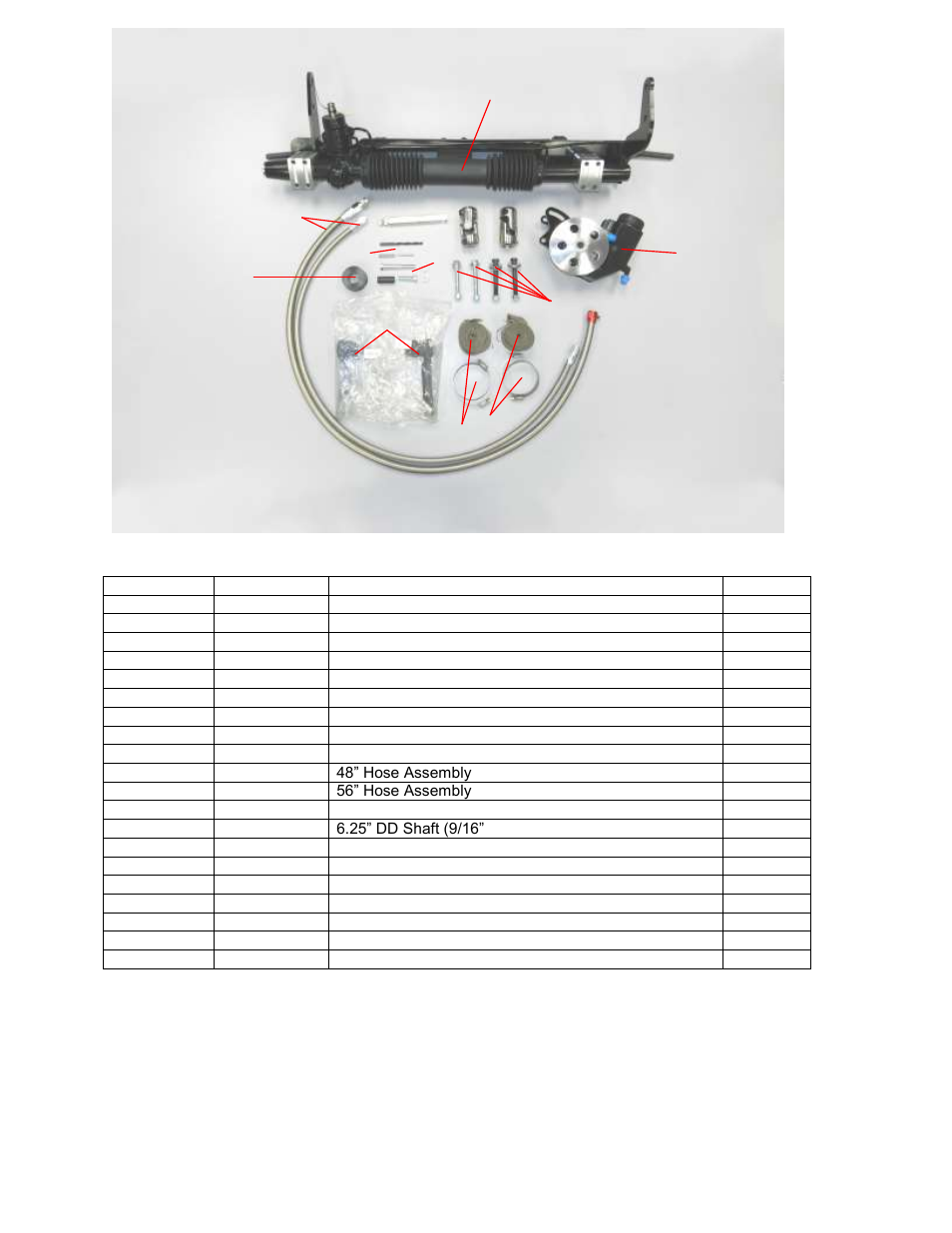 Kit contents | Unisteer 8012290-01 Ford Torino Small Block Rack Kit 1968-70 User Manual | Page 2 / 14