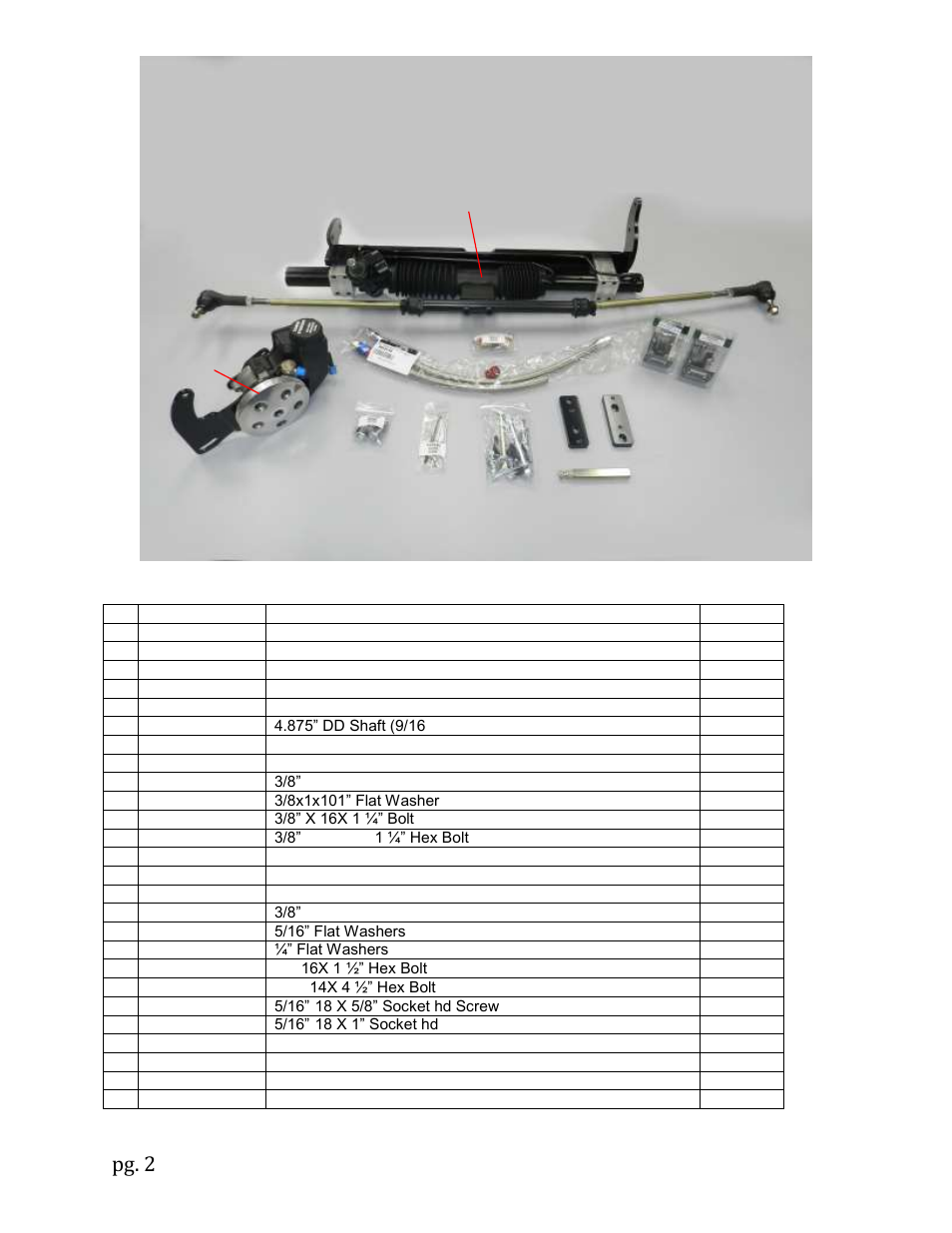 Pg. 2, Kit contents | Unisteer 8012170-01 Pontiac Gto Power R&P Kit 1964-67 User Manual | Page 2 / 12