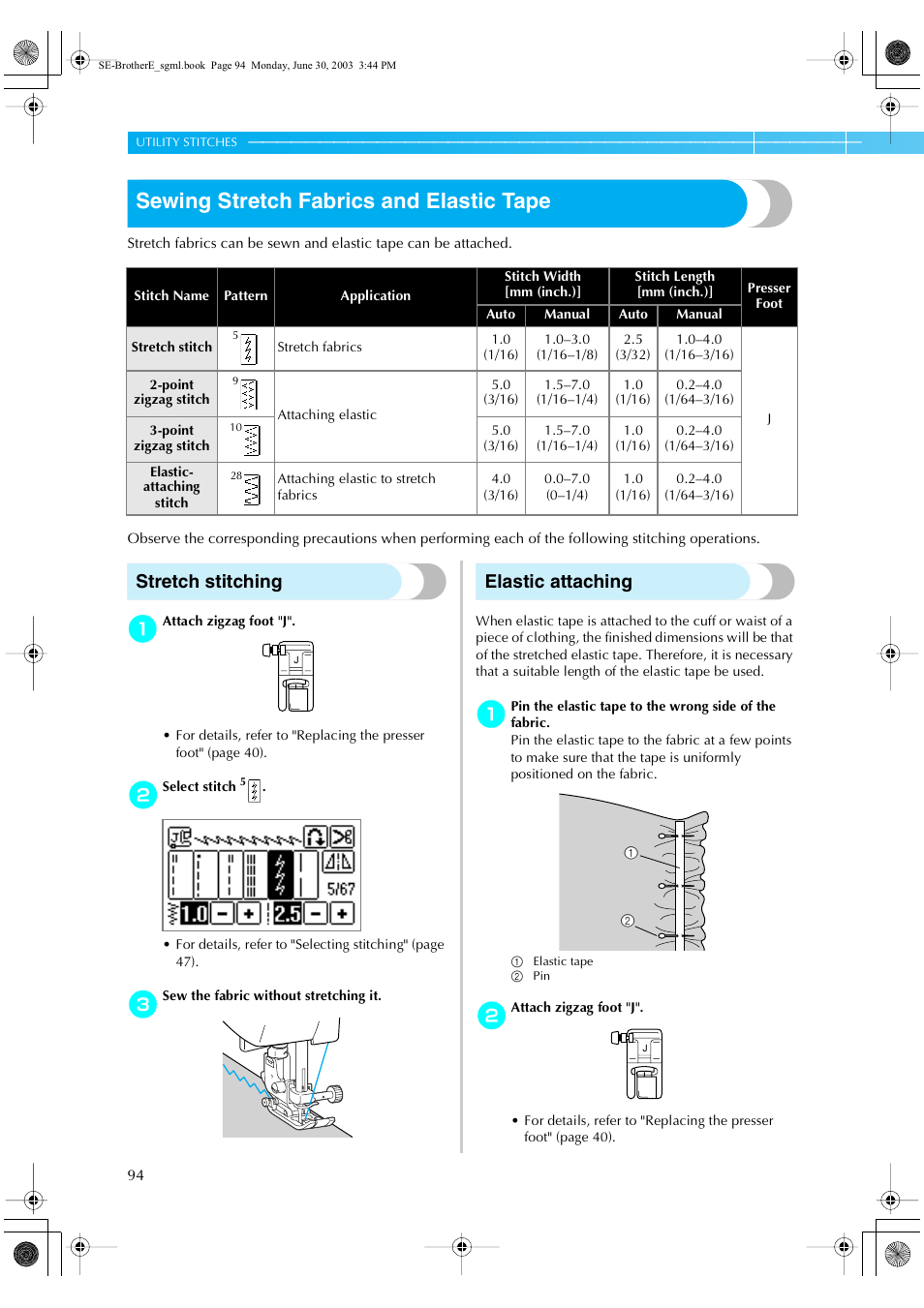 Sewing stretch fabrics and elastic tape, Stretch stitching, Elastic attaching | Brother HE 120 User Manual | Page 100 / 183