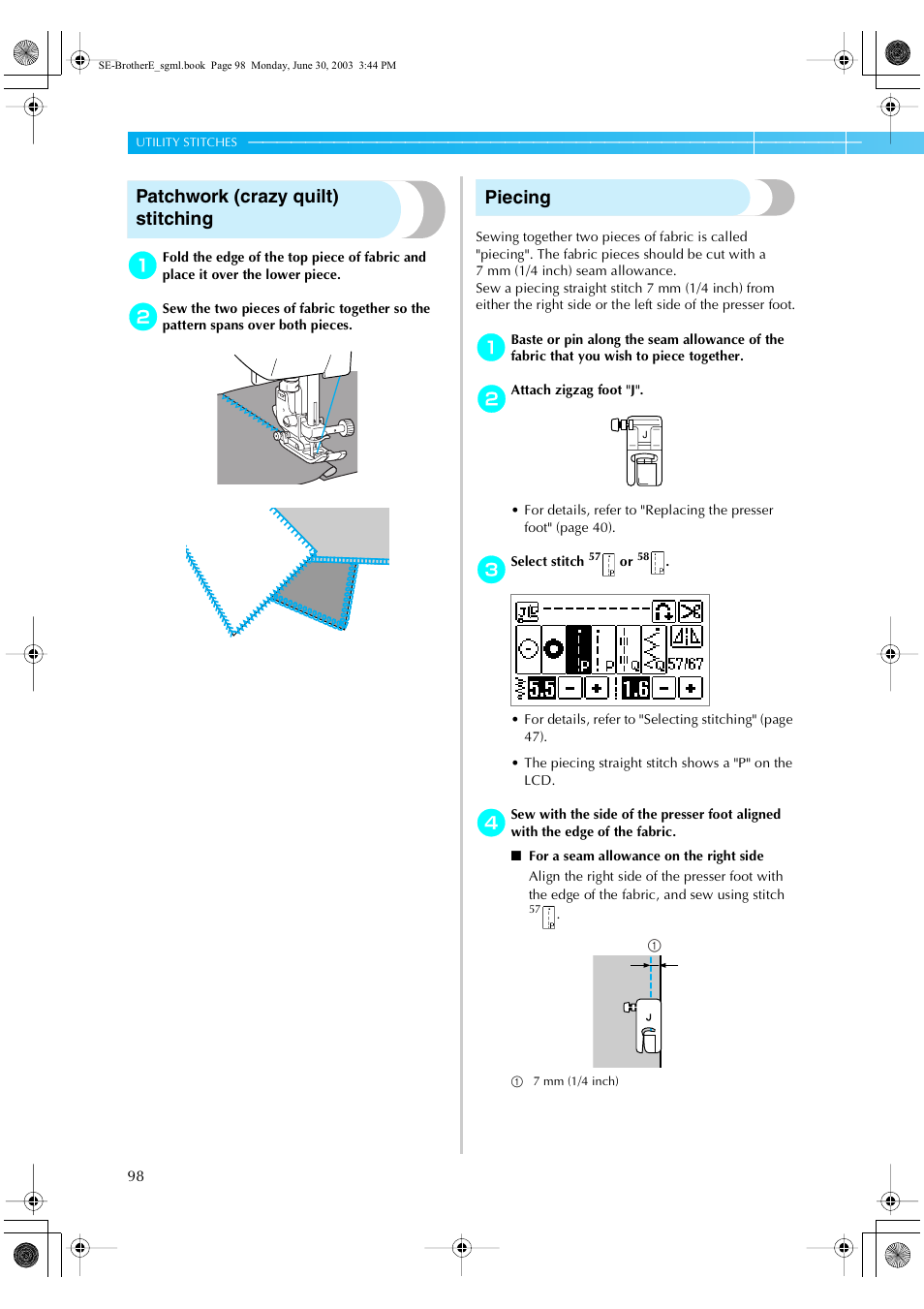 Patchwork (crazy quilt) stitching, Piecing | Brother HE 120 User Manual | Page 104 / 183