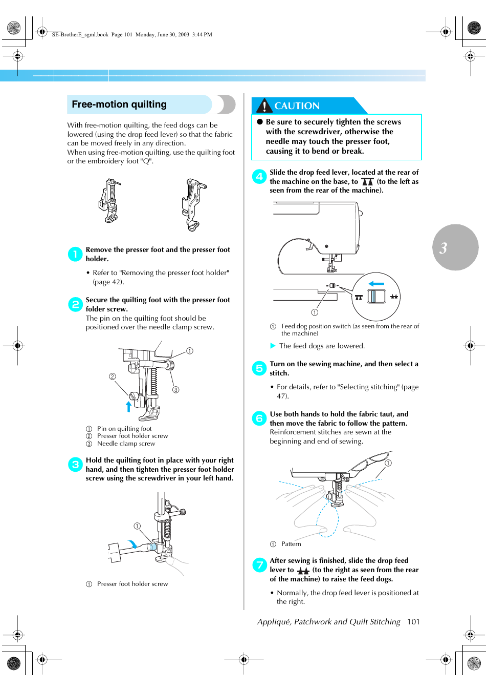 Free-motion quilting, Caution | Brother HE 120 User Manual | Page 107 / 183