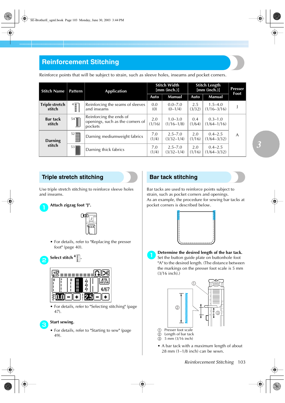 Reinforcement stitching, Triple stretch stitching, Bar tack stitching | Brother HE 120 User Manual | Page 109 / 183