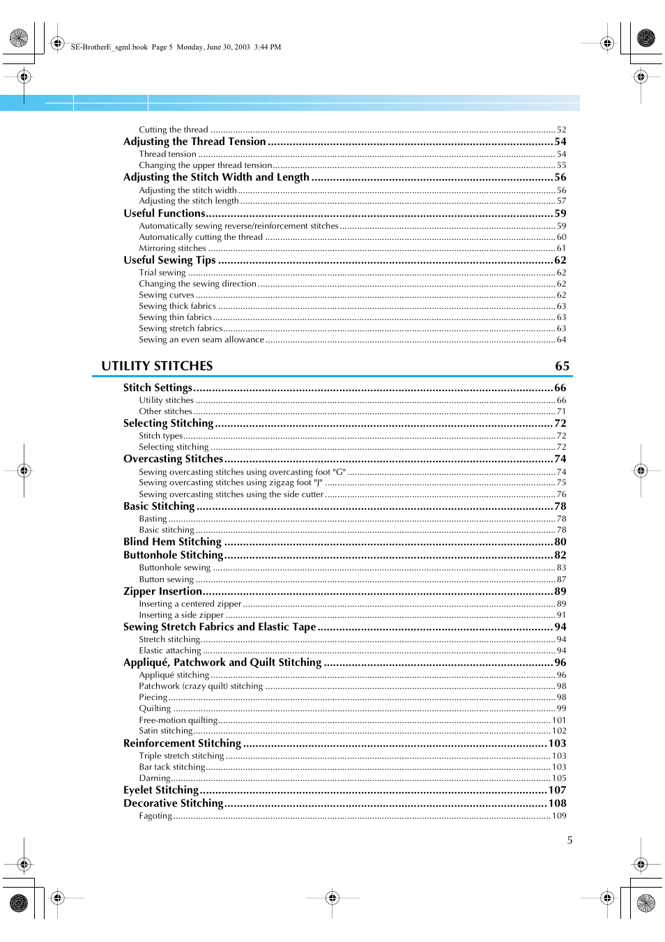 Utility stitches 65 | Brother HE 120 User Manual | Page 11 / 183