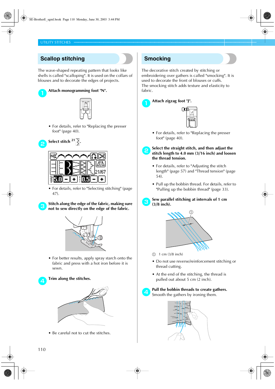 Scallop stitching, Smocking | Brother HE 120 User Manual | Page 116 / 183