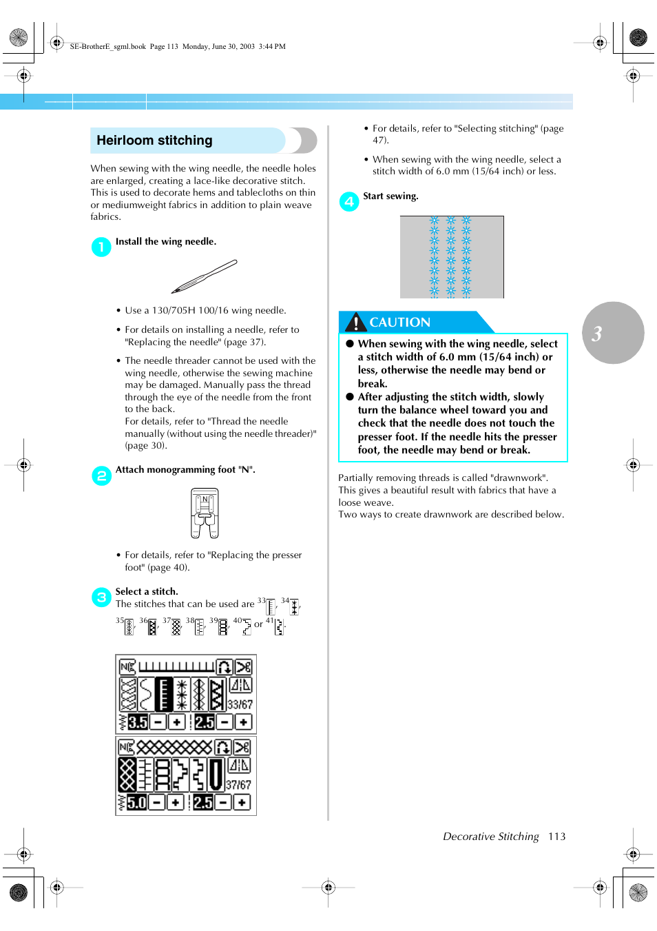 Heirloom stitching, Caution | Brother HE 120 User Manual | Page 119 / 183