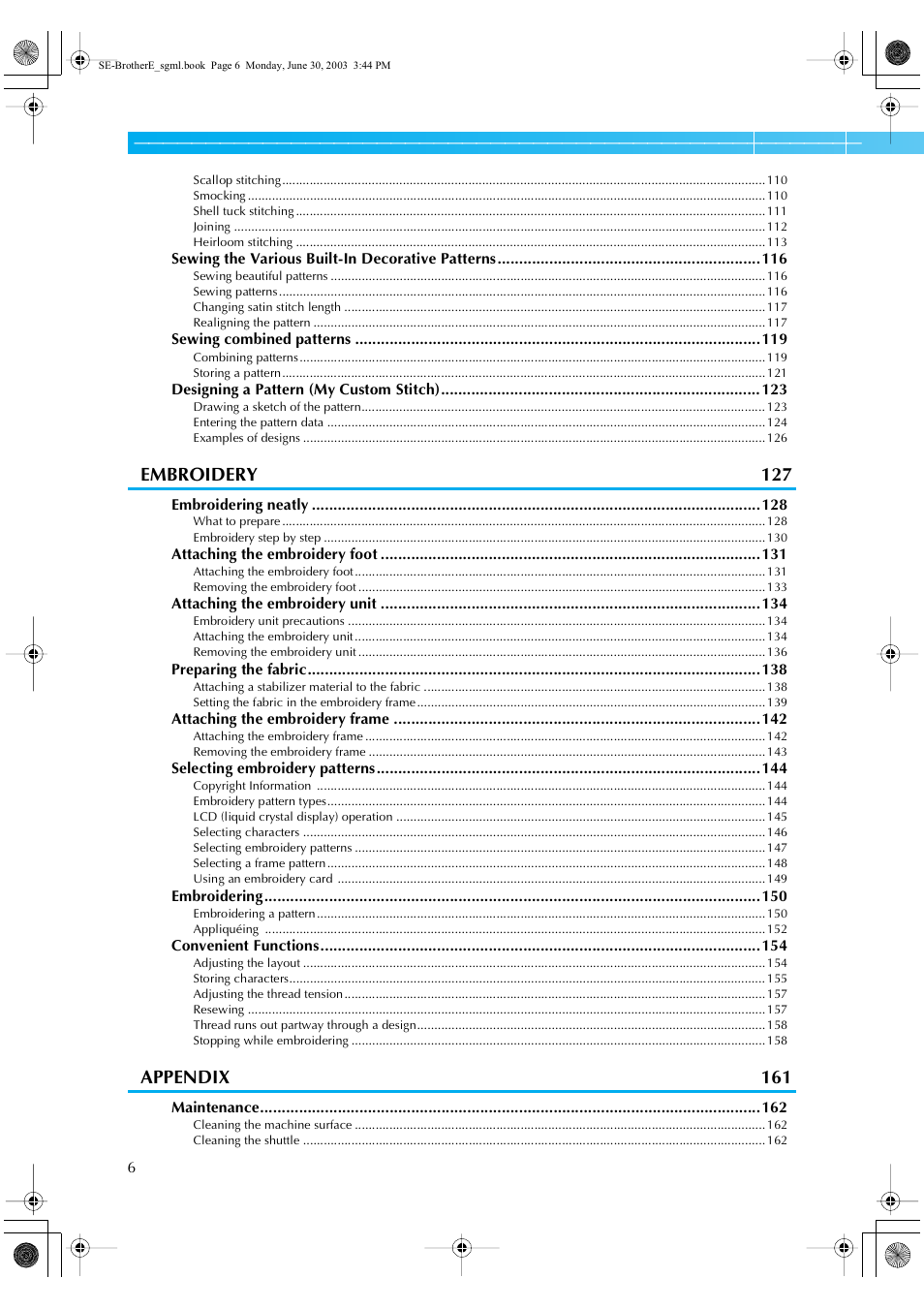 Embroidery 127, Appendix 161 | Brother HE 120 User Manual | Page 12 / 183