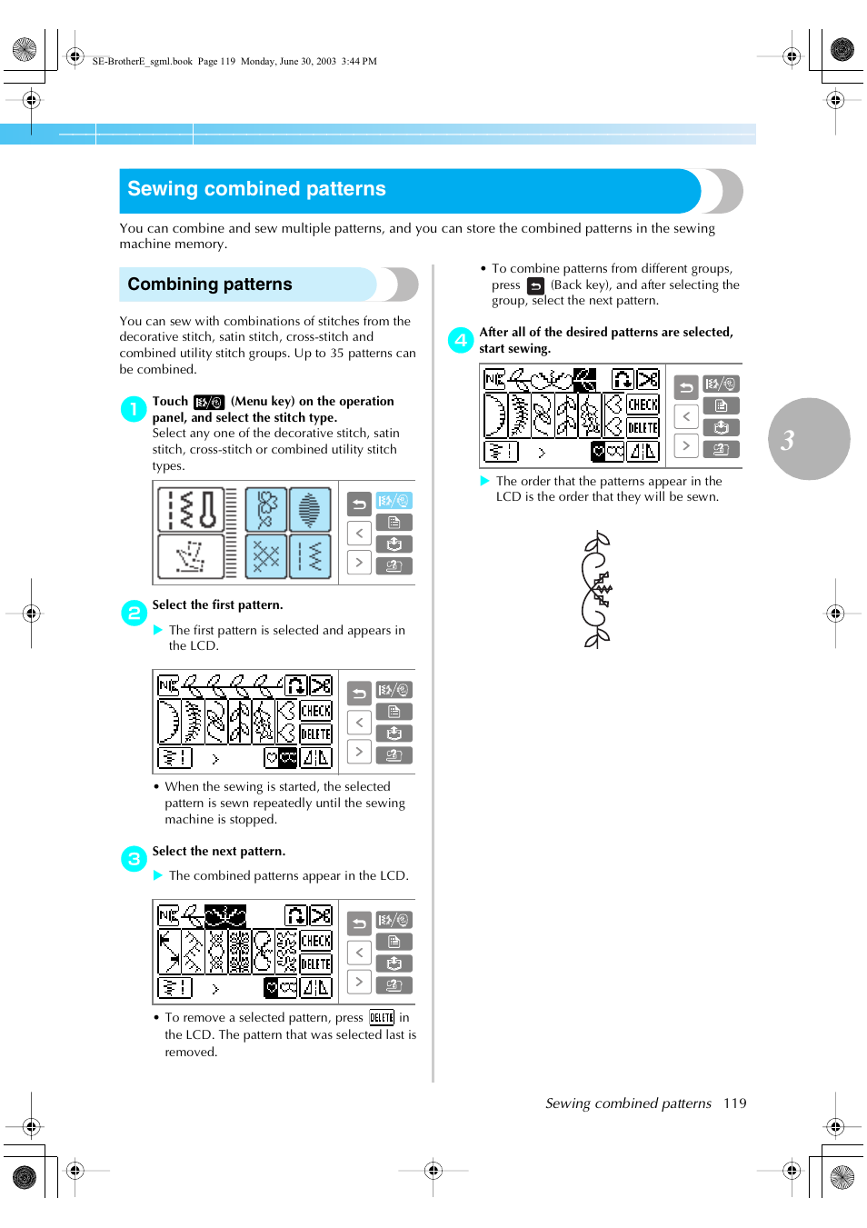 Sewing combined patterns, Combining patterns | Brother HE 120 User Manual | Page 125 / 183