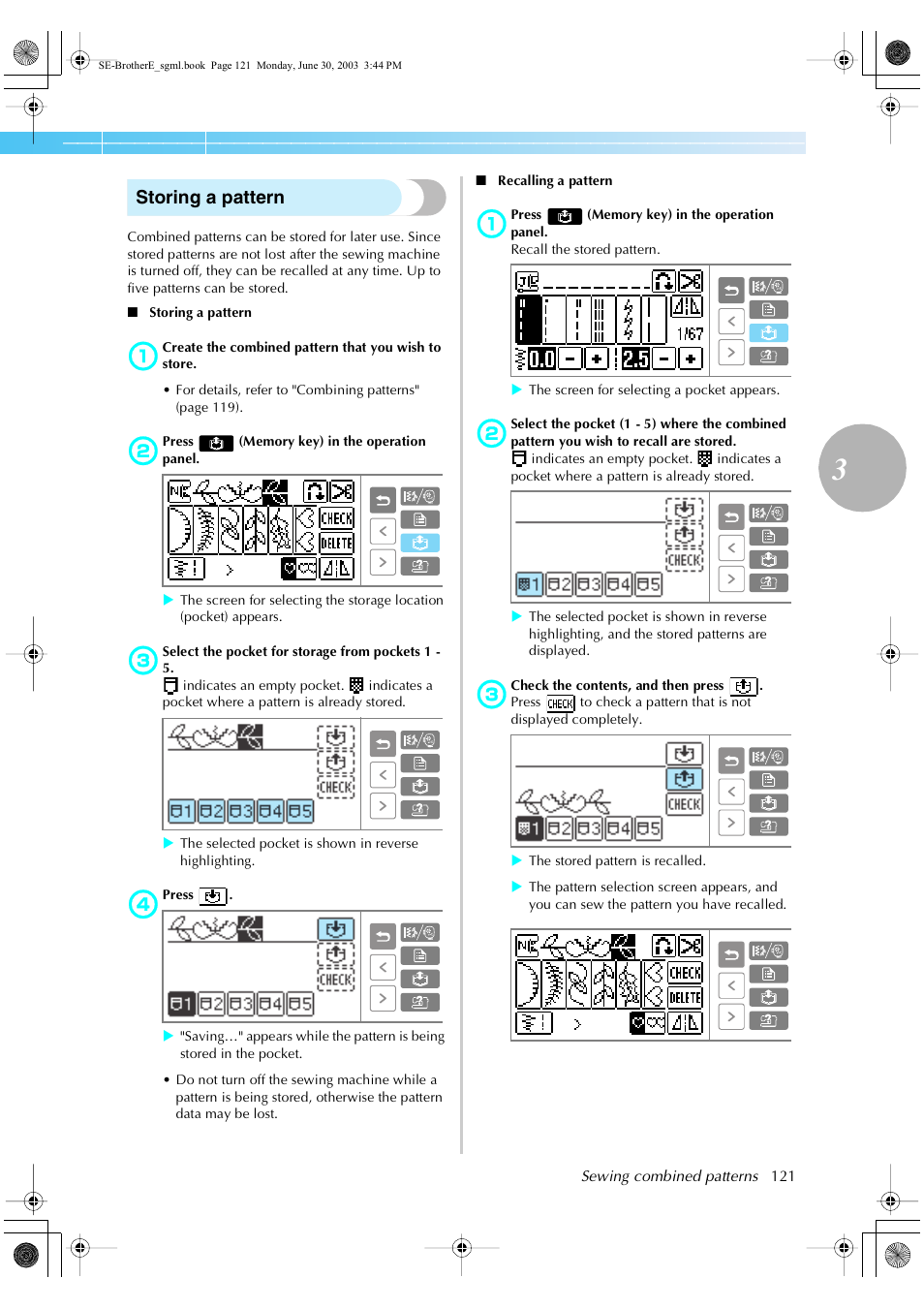 Storing a pattern | Brother HE 120 User Manual | Page 127 / 183