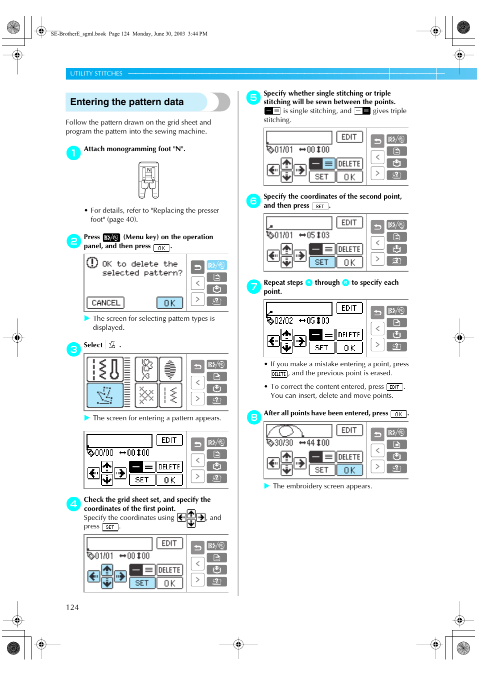 Entering the pattern data | Brother HE 120 User Manual | Page 130 / 183