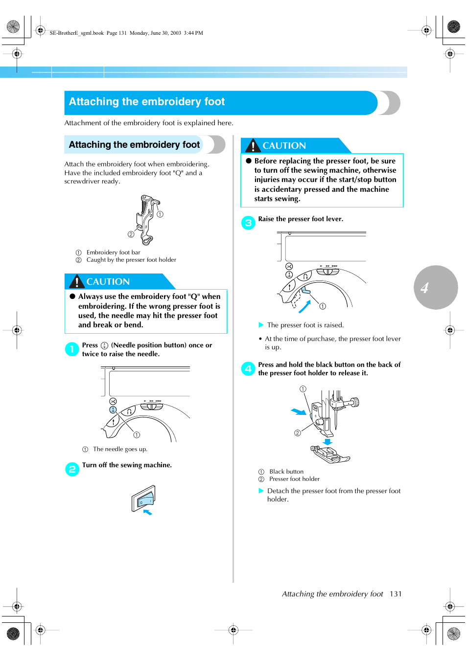 Attaching the embroidery foot, Caution | Brother HE 120 User Manual | Page 137 / 183