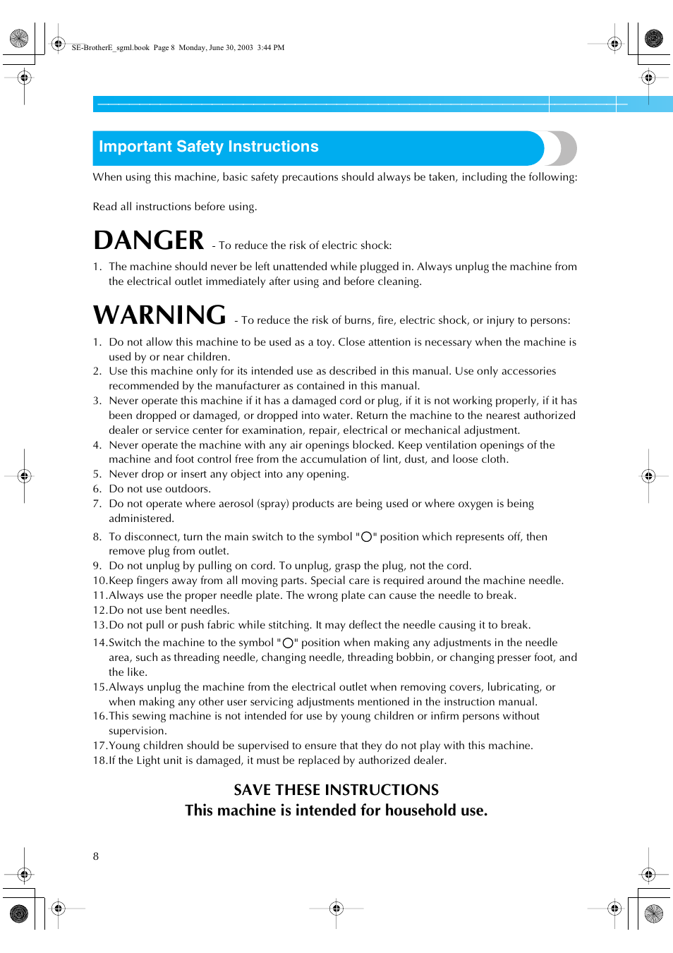 Danger, Warning, Important safety instructions | Brother HE 120 User Manual | Page 14 / 183